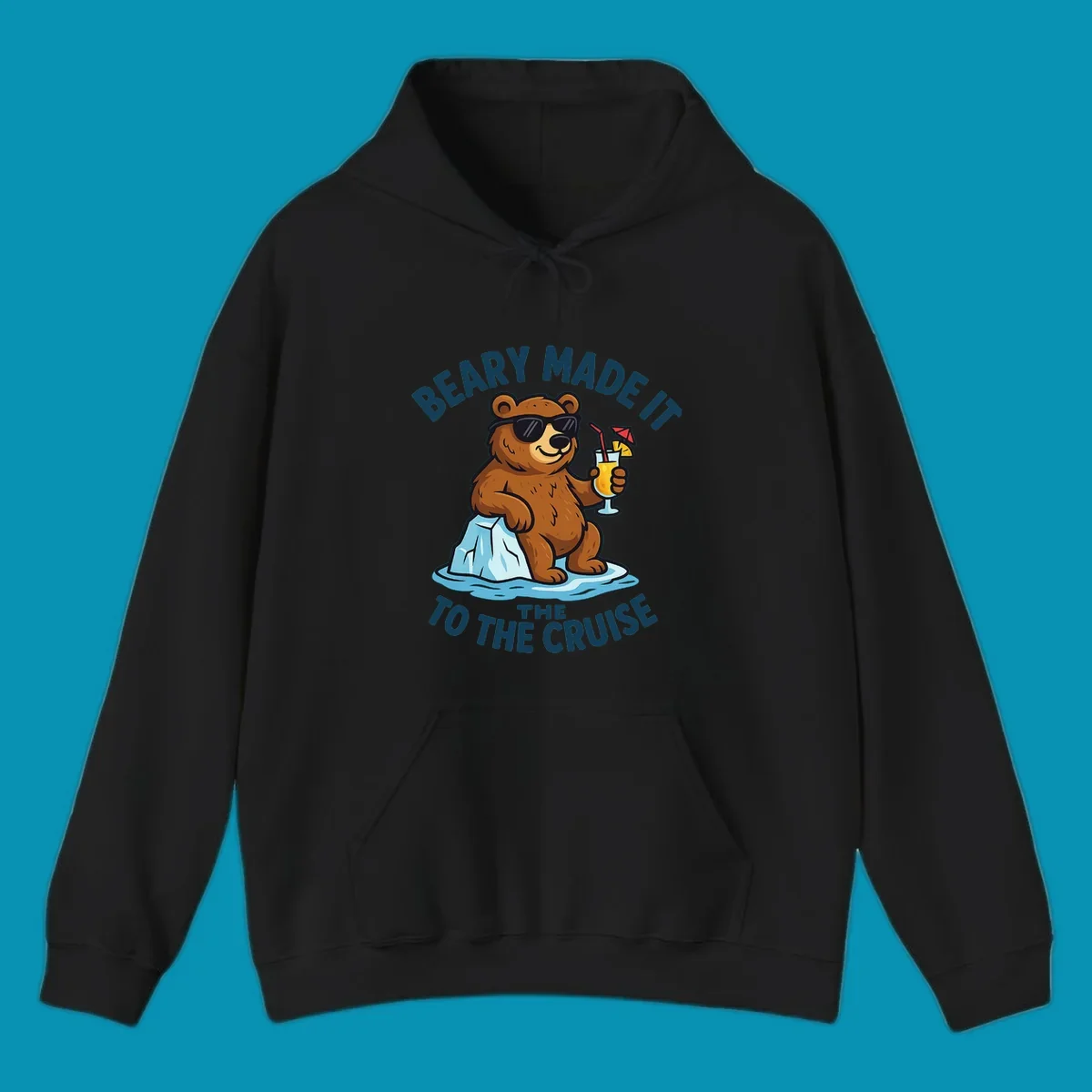 Brown bear wearing sunglasses on ice floe holding tropical drink with text 'Beary Made It To The Cruise'