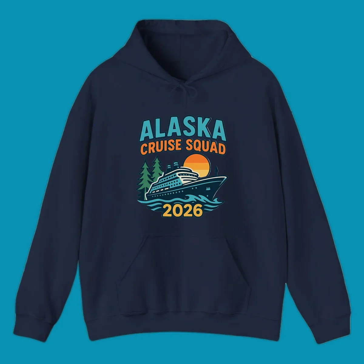 Colorful cruise squad 2026 design featuring a cruise ship, ocean waves, evergreen trees, and sunset sun in teal, orange, and gold.