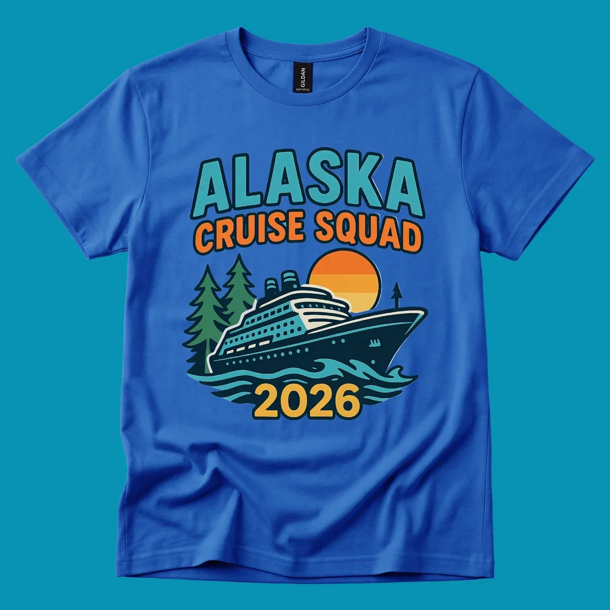 Colorful cruise squad 2026 design featuring a cruise ship, ocean waves, evergreen trees, and sunset sun in teal, orange, and gold.