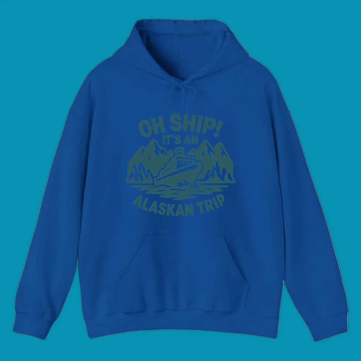 Oh Ship Alaskan cruise design with cruise ship between snow mountains and waves, playful text pun