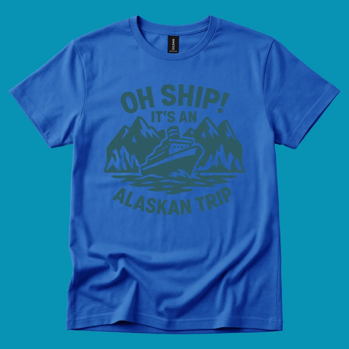Oh Ship Alaskan cruise design with cruise ship between snow mountains and waves, playful text pun