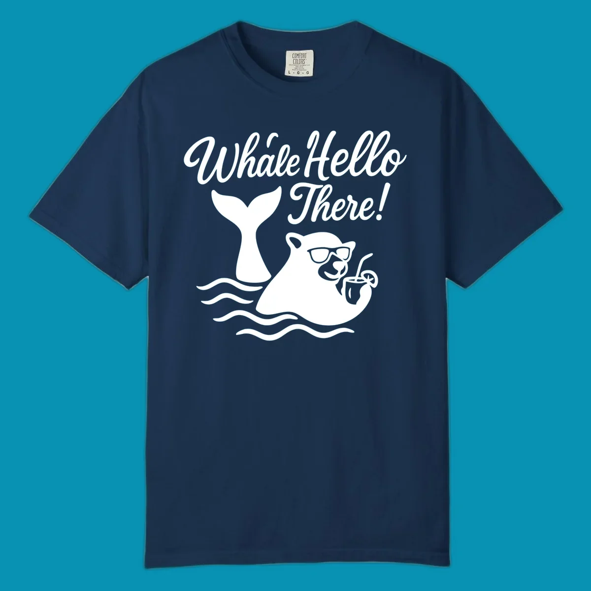 Smiling whale wearing sunglasses holding tropical drink with 'Whale Hello There!' text and ocean waves on gray background