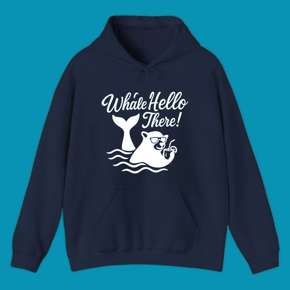 Smiling whale wearing sunglasses holding tropical drink with 'Whale Hello There!' text and ocean waves on gray background
