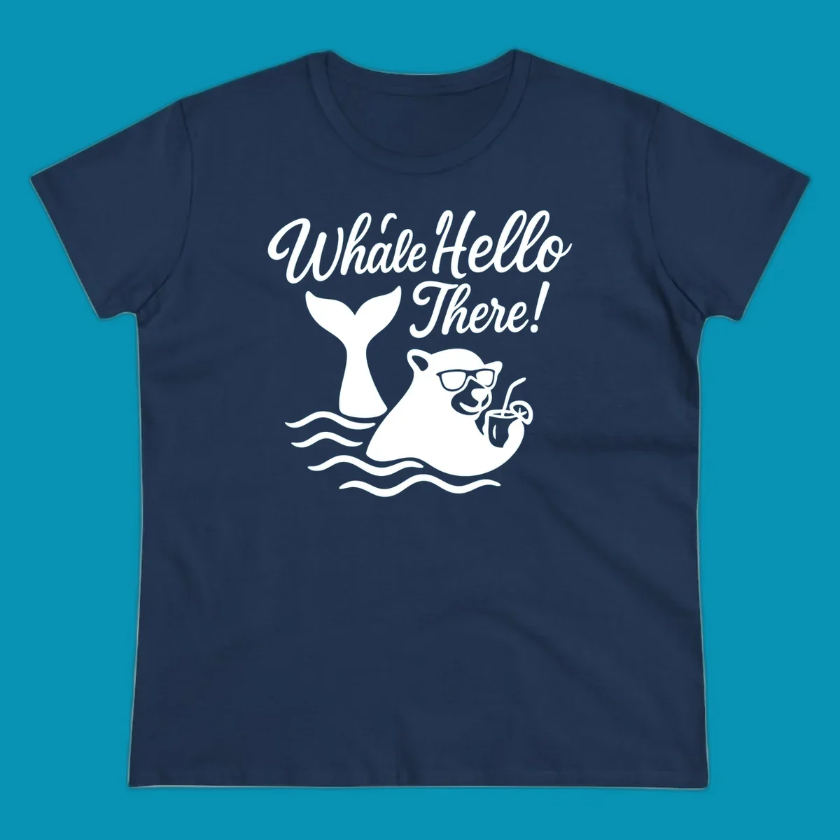 Smiling whale wearing sunglasses holding tropical drink with 'Whale Hello There!' text and ocean waves on gray background