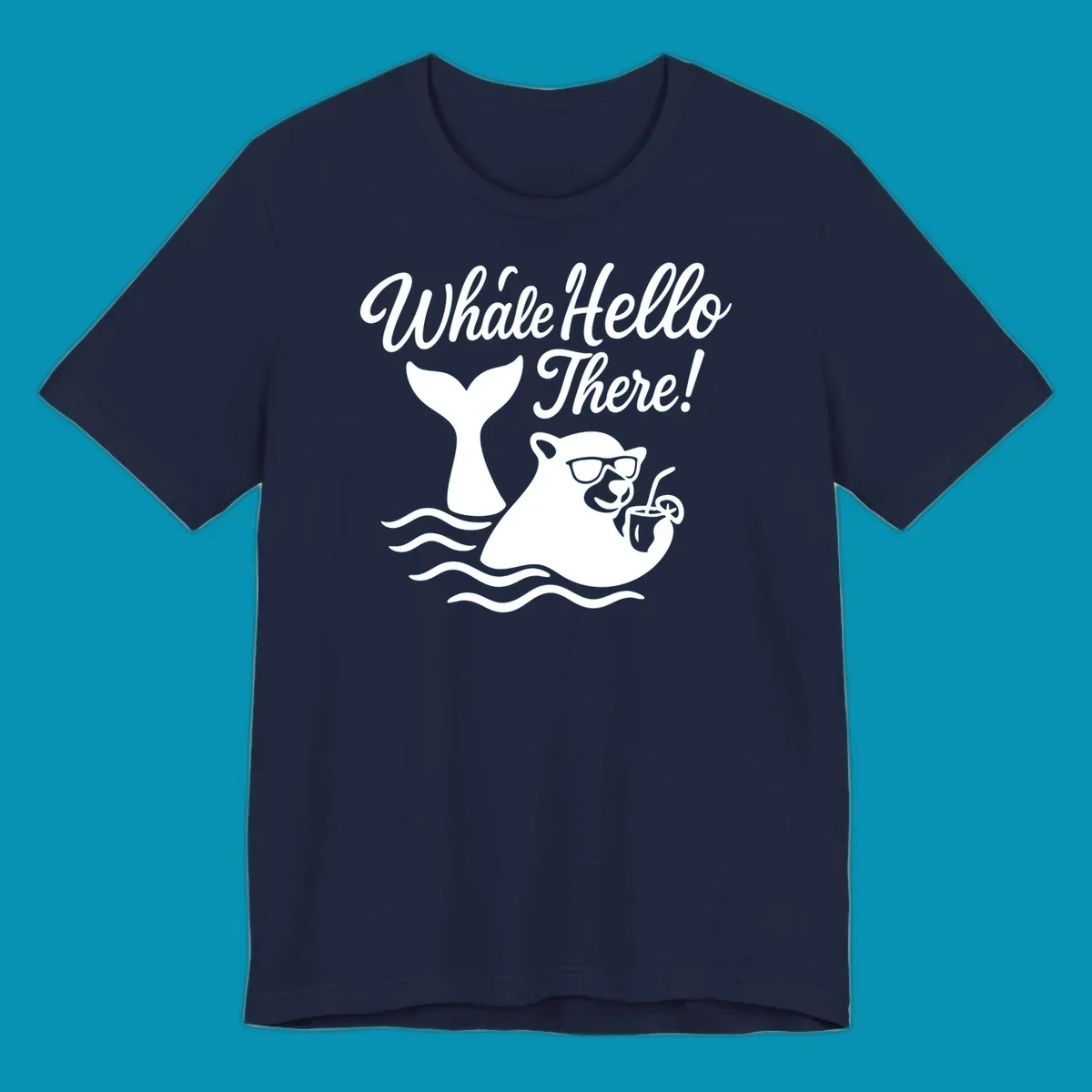 Smiling whale wearing sunglasses holding tropical drink with 'Whale Hello There!' text and ocean waves on gray background