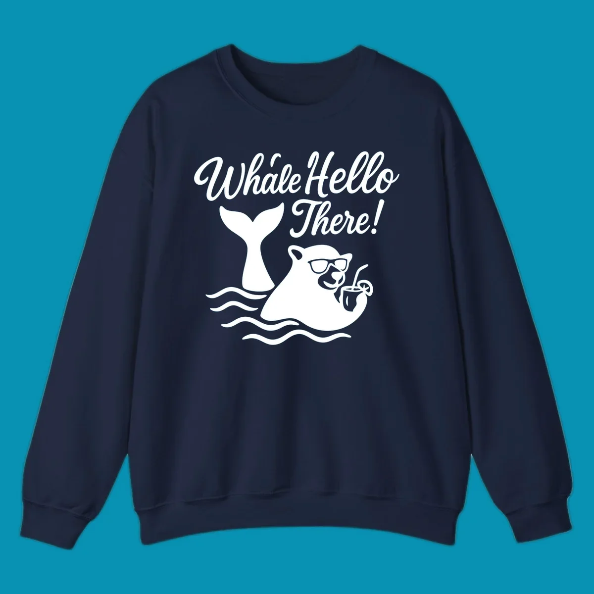 Smiling whale wearing sunglasses holding tropical drink with 'Whale Hello There!' text and ocean waves on gray background