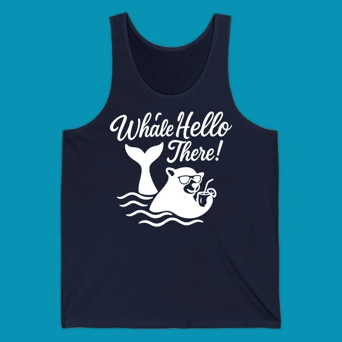 Smiling whale wearing sunglasses holding tropical drink with 'Whale Hello There!' text and ocean waves on gray background