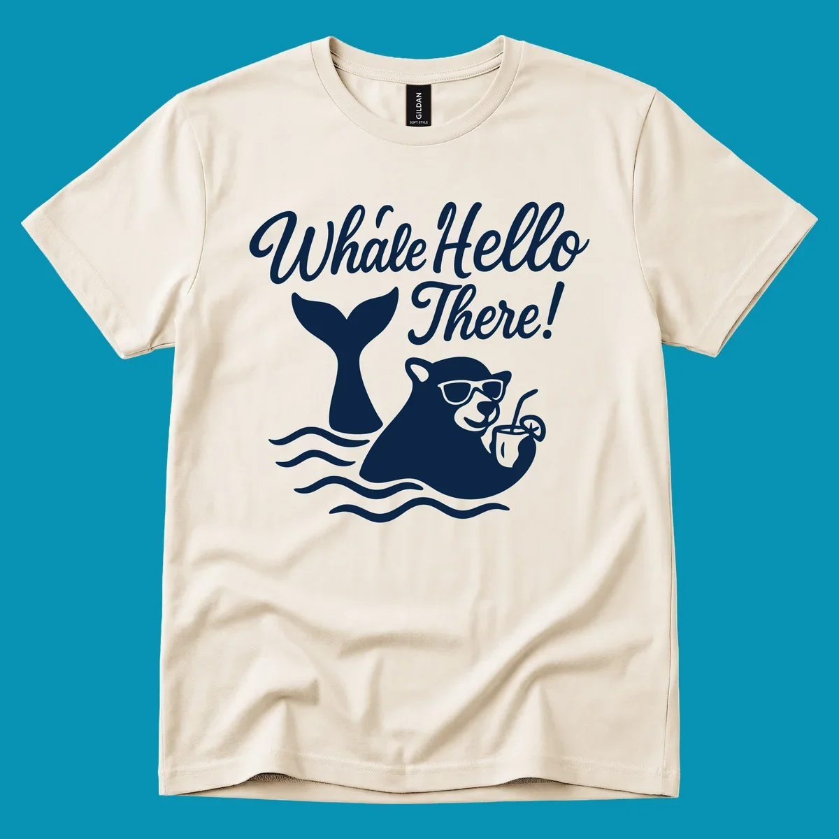 Smiling whale wearing sunglasses holding tropical drink with 'Whale Hello There!' text and ocean waves on gray background