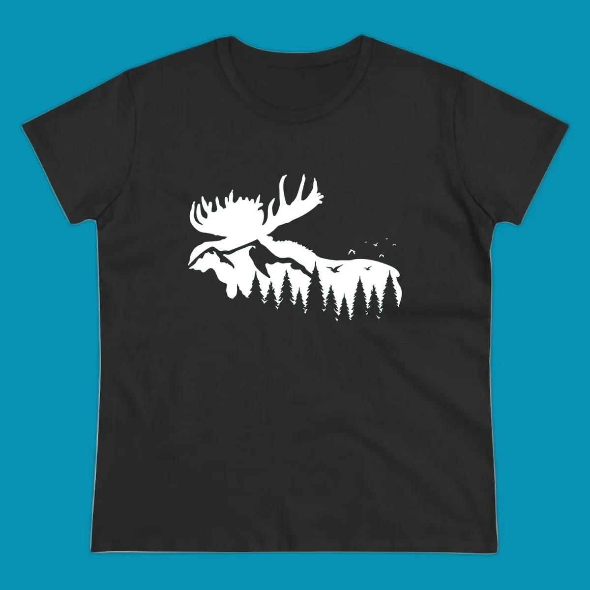 White silhouette of a moose with large antlers integrated into a forested mountain landscape with evergreen trees and flying birds against gray background.