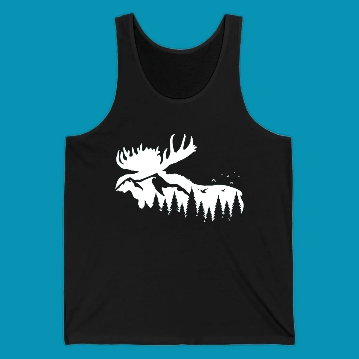 White silhouette of a moose with large antlers integrated into a forested mountain landscape with evergreen trees and flying birds against gray background.