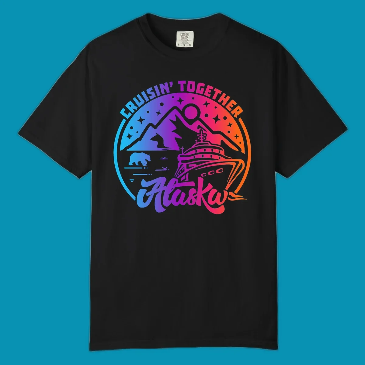 Colorful circular design with 'Cruisin' Together Alaska' text, featuring a cruise ship, mountains, bear, hiker, and sparkles on a gradient blue-to-orange background