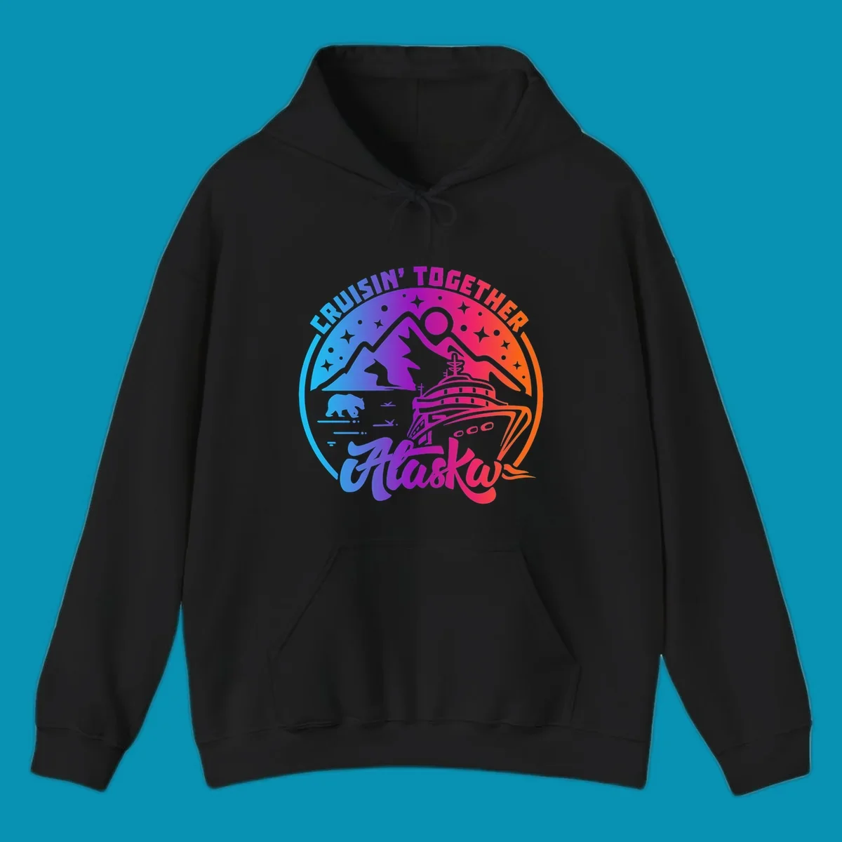 Colorful circular design with 'Cruisin' Together Alaska' text, featuring a cruise ship, mountains, bear, hiker, and sparkles on a gradient blue-to-orange background
