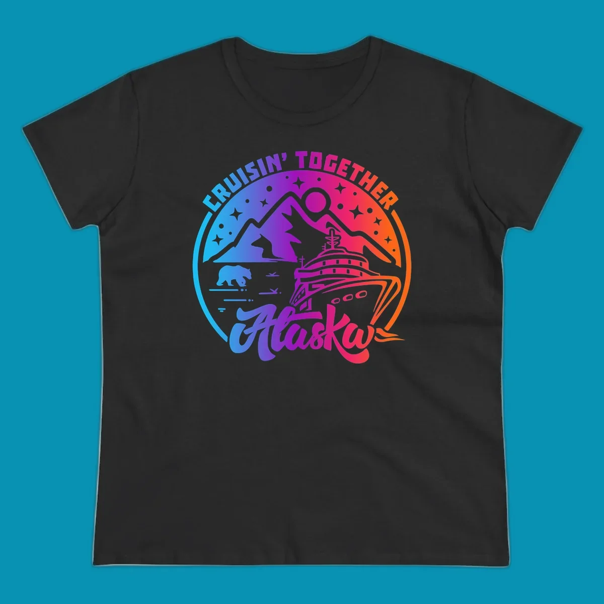 Colorful circular design with 'Cruisin' Together Alaska' text, featuring a cruise ship, mountains, bear, hiker, and sparkles on a gradient blue-to-orange background