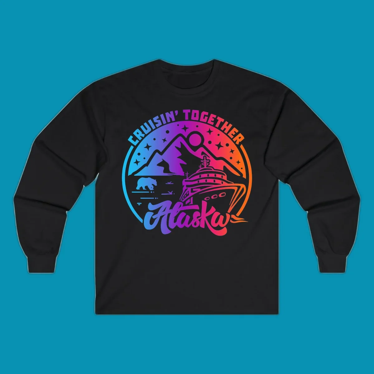 Colorful circular design with 'Cruisin' Together Alaska' text, featuring a cruise ship, mountains, bear, hiker, and sparkles on a gradient blue-to-orange background