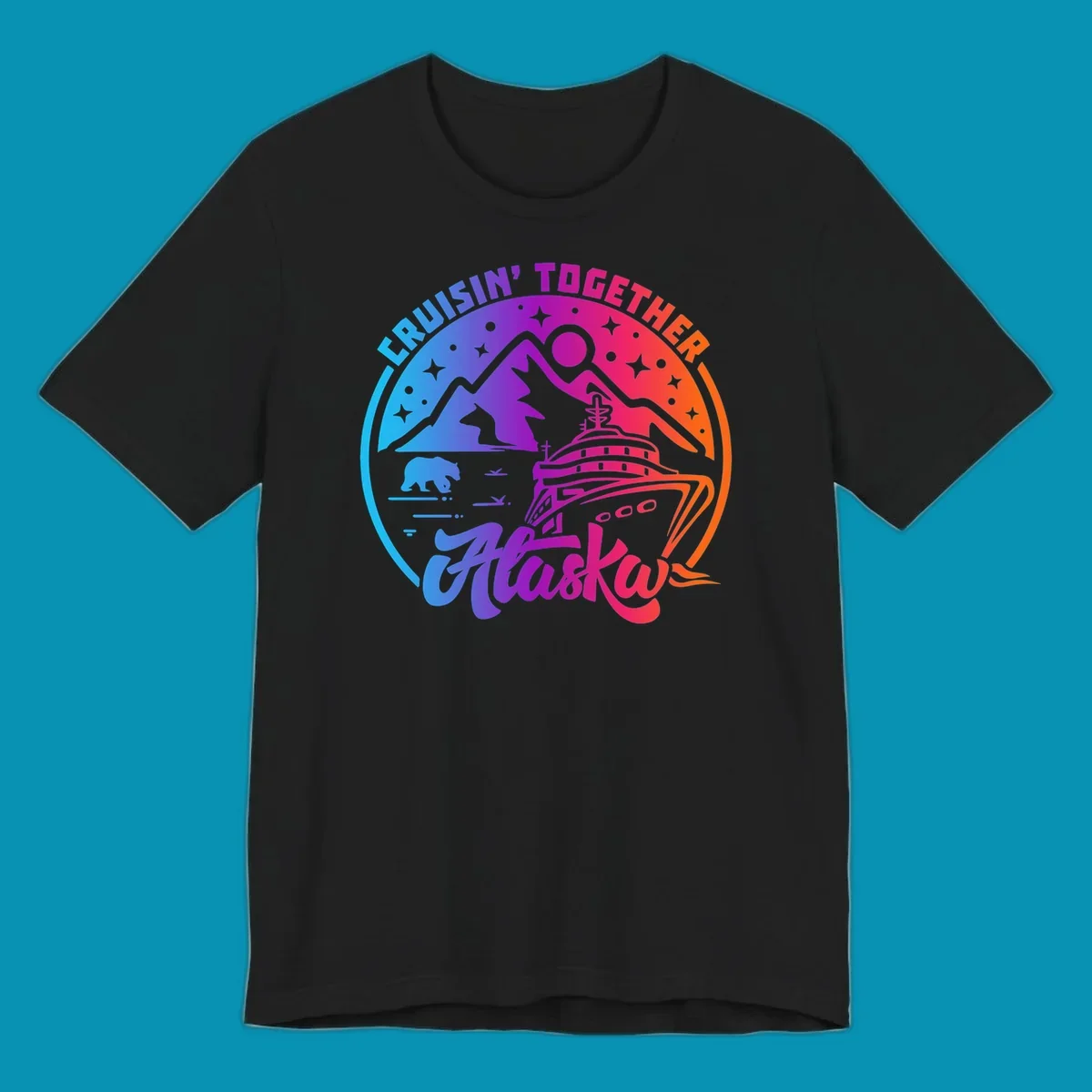 Colorful circular design with 'Cruisin' Together Alaska' text, featuring a cruise ship, mountains, bear, hiker, and sparkles on a gradient blue-to-orange background
