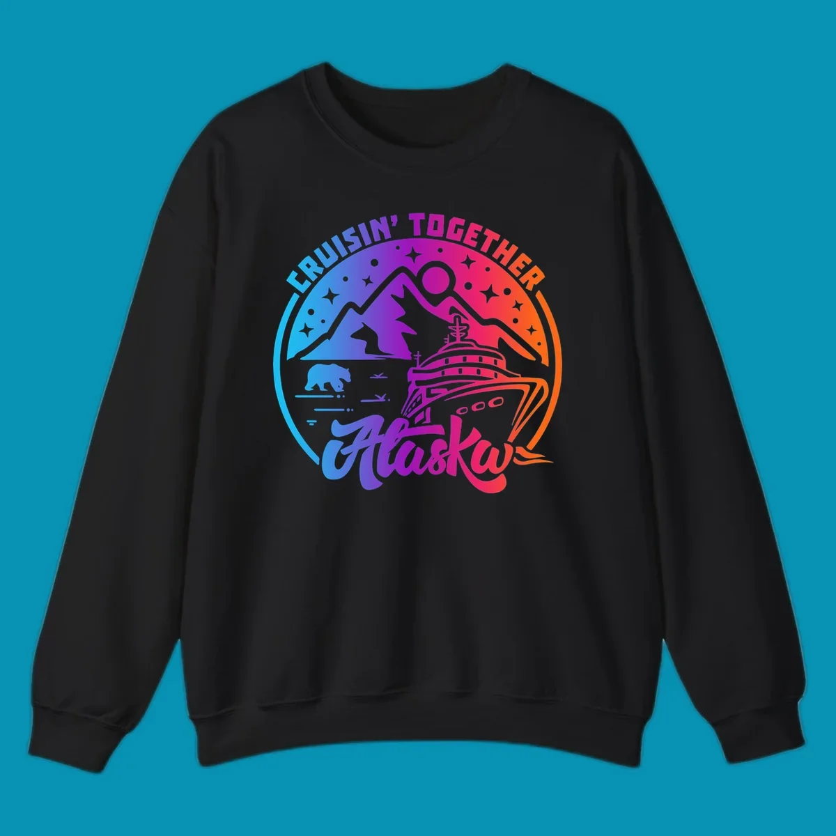 Colorful circular design with 'Cruisin' Together Alaska' text, featuring a cruise ship, mountains, bear, hiker, and sparkles on a gradient blue-to-orange background