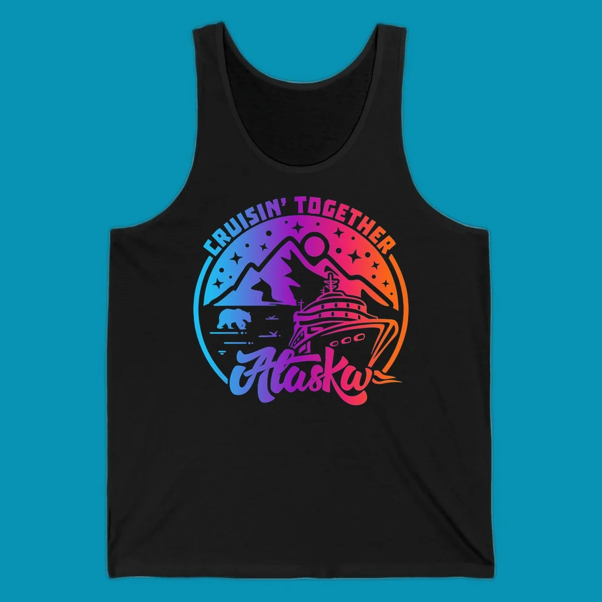 Colorful circular design with 'Cruisin' Together Alaska' text, featuring a cruise ship, mountains, bear, hiker, and sparkles on a gradient blue-to-orange background