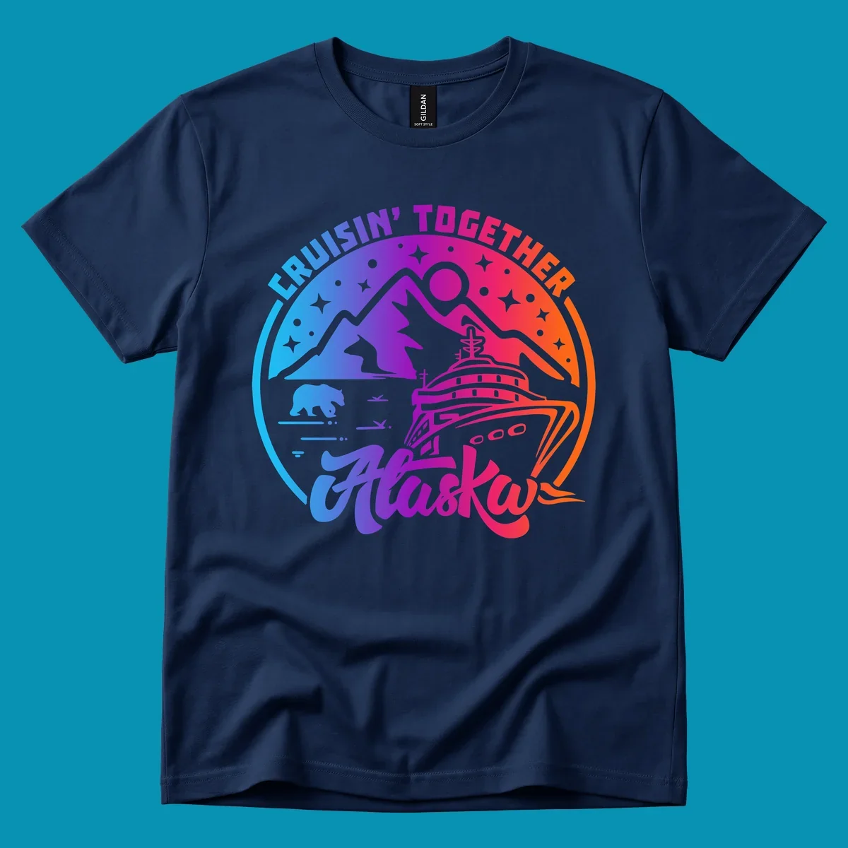 Colorful circular design with 'Cruisin' Together Alaska' text, featuring a cruise ship, mountains, bear, hiker, and sparkles on a gradient blue-to-orange background