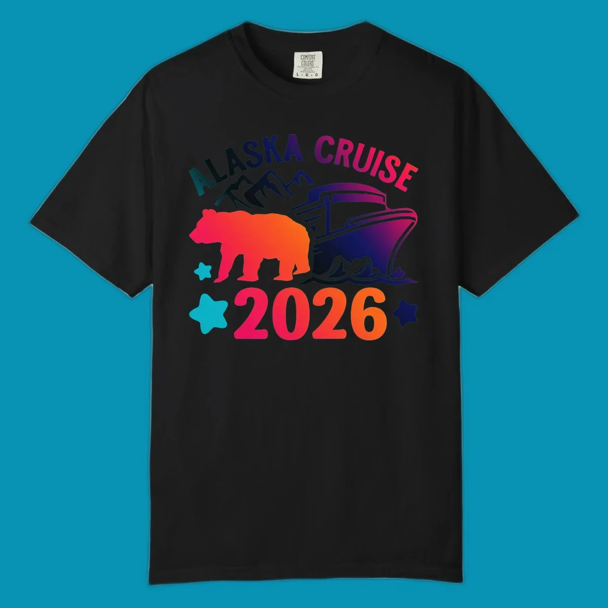 Alaska cruise 2026 bear design featuring red-orange bear silhouette, navy cruise ship, mountains, and colorful gradient text with stars.