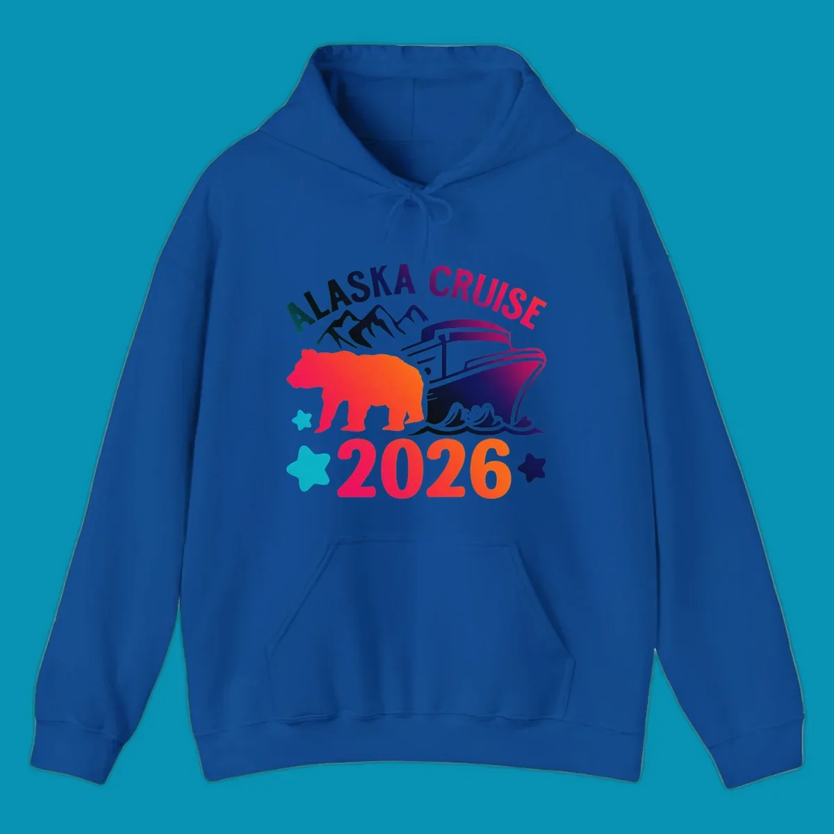 Alaska cruise 2026 bear design featuring red-orange bear silhouette, navy cruise ship, mountains, and colorful gradient text with stars.