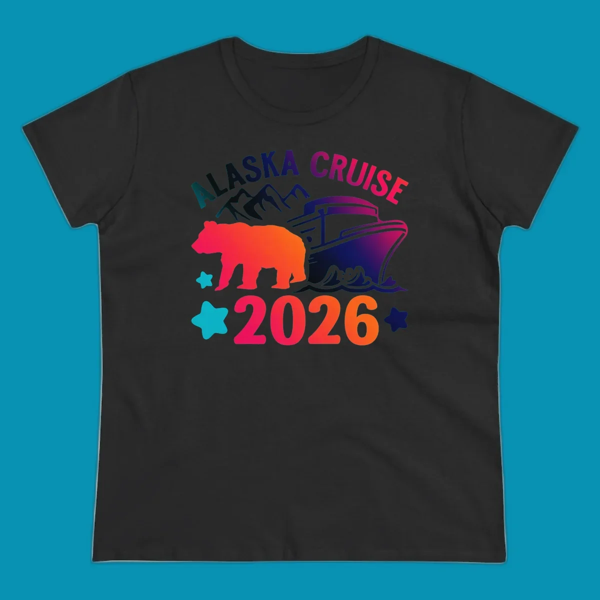 Alaska cruise 2026 bear design featuring red-orange bear silhouette, navy cruise ship, mountains, and colorful gradient text with stars.