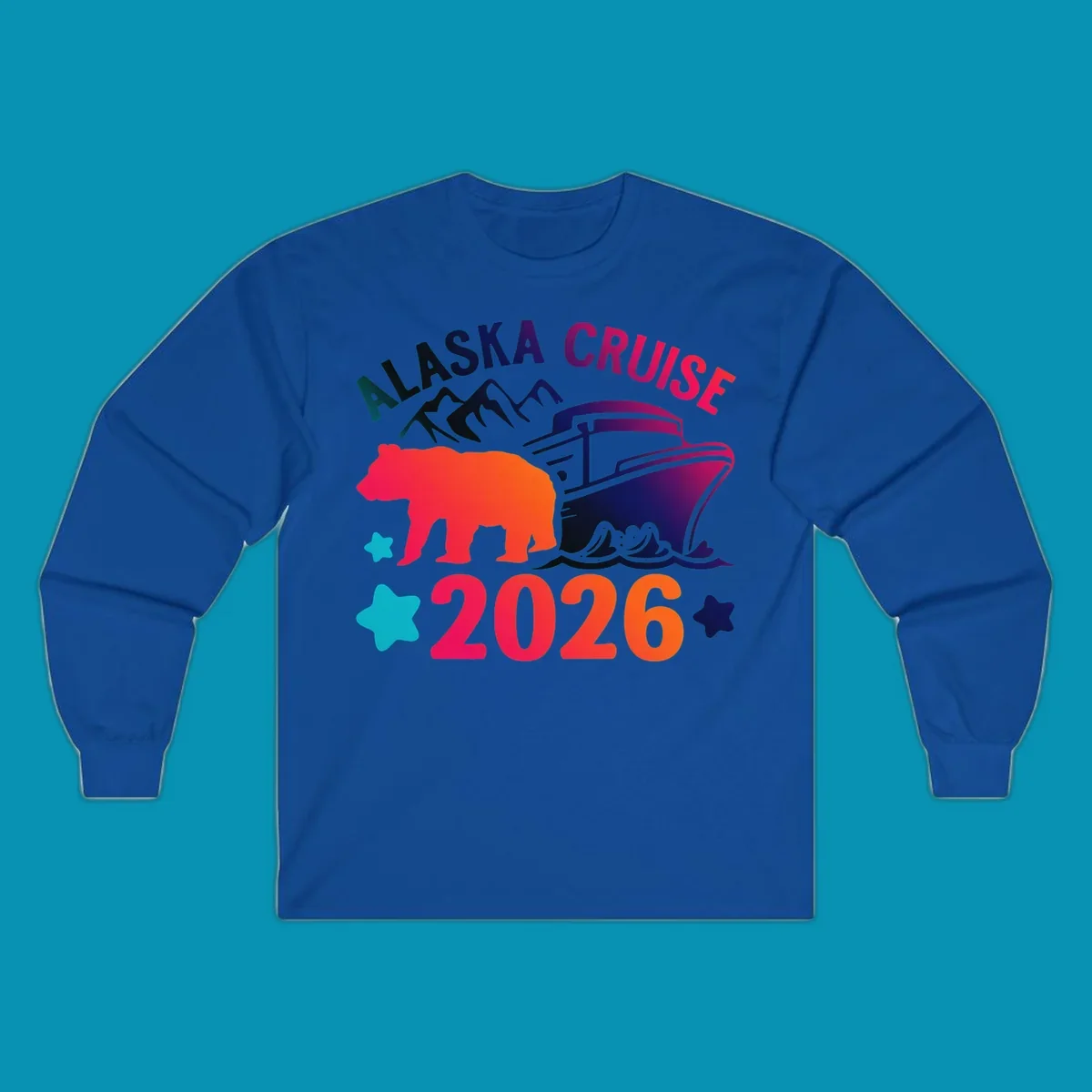Alaska cruise 2026 bear design featuring red-orange bear silhouette, navy cruise ship, mountains, and colorful gradient text with stars.