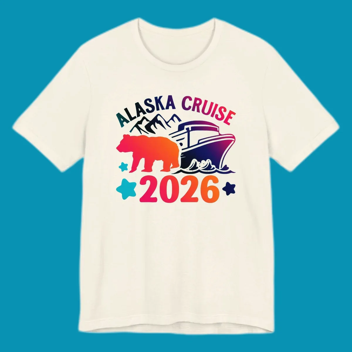 Alaska cruise 2026 bear design featuring red-orange bear silhouette, navy cruise ship, mountains, and colorful gradient text with stars.