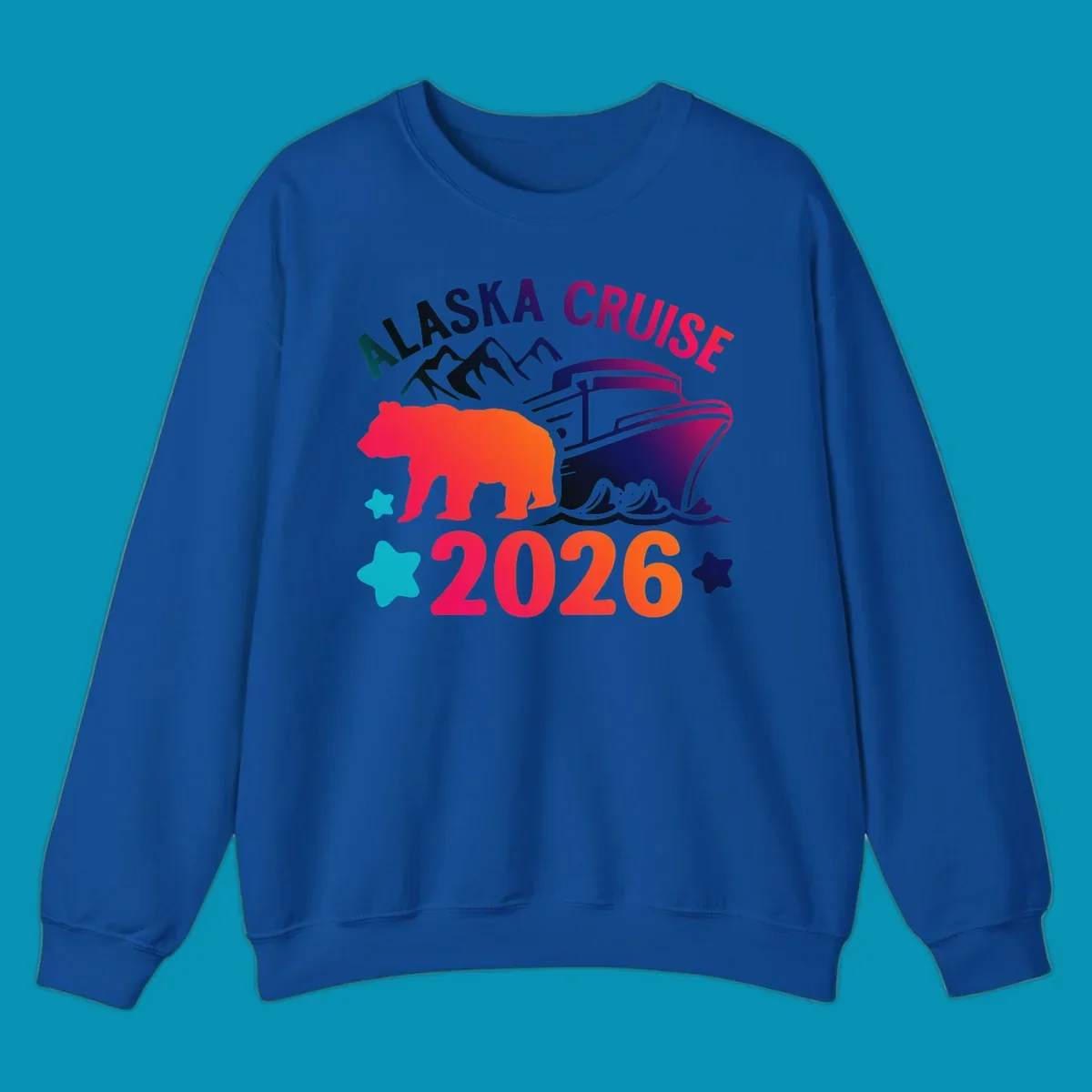 Alaska cruise 2026 bear design featuring red-orange bear silhouette, navy cruise ship, mountains, and colorful gradient text with stars.