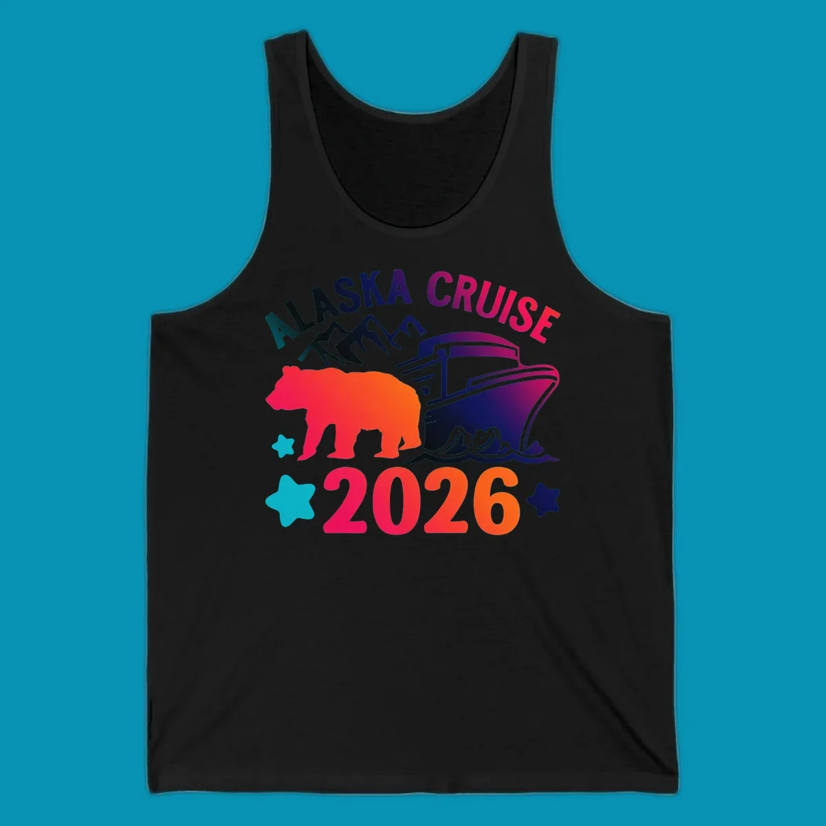 Alaska cruise 2026 bear design featuring red-orange bear silhouette, navy cruise ship, mountains, and colorful gradient text with stars.