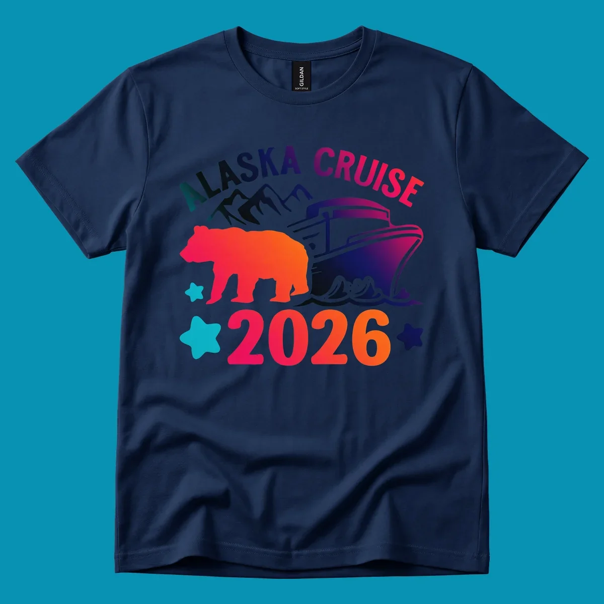 Alaska cruise 2026 bear design featuring red-orange bear silhouette, navy cruise ship, mountains, and colorful gradient text with stars.