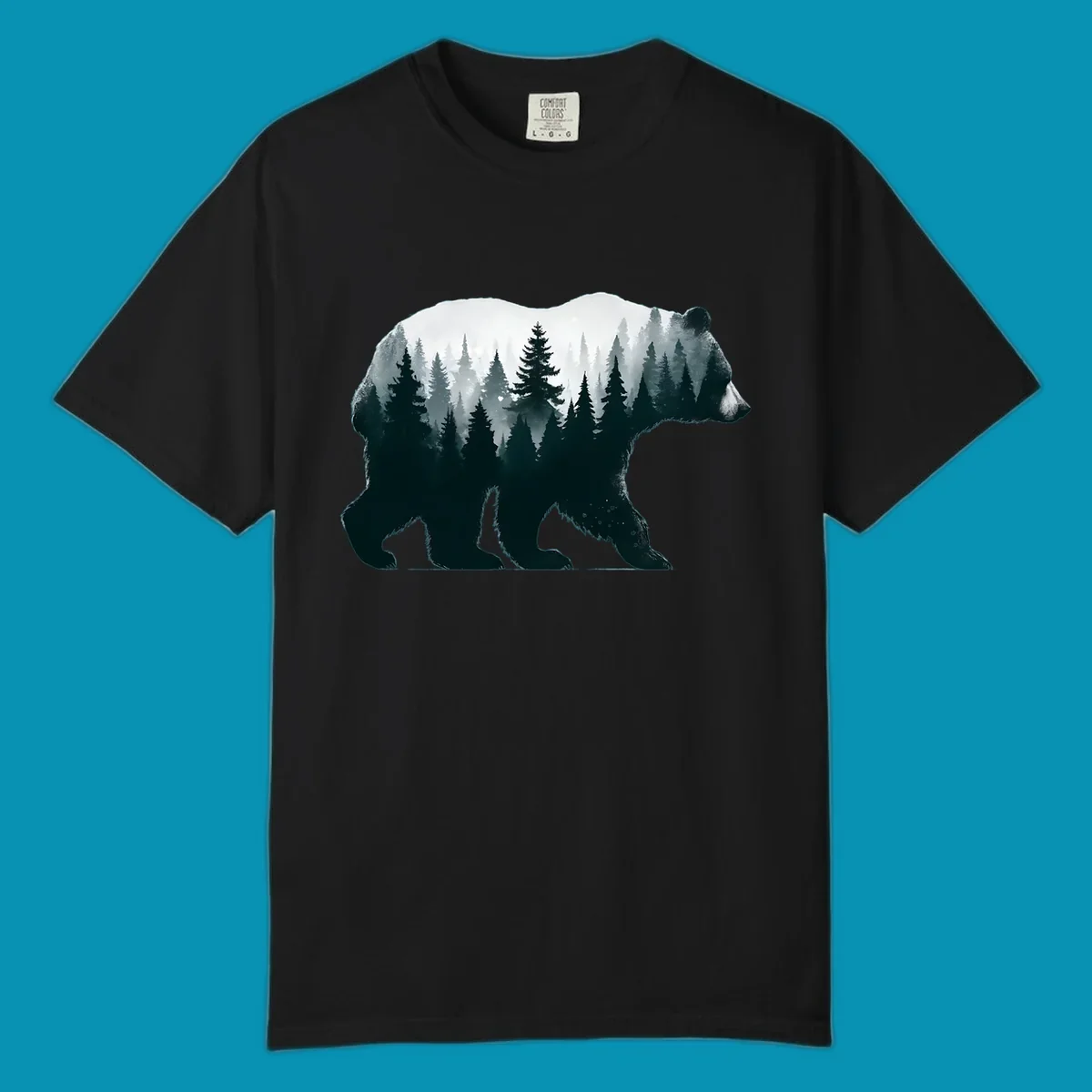 Bear silhouette filled with misty evergreen forest and mountains in double exposure style artwork