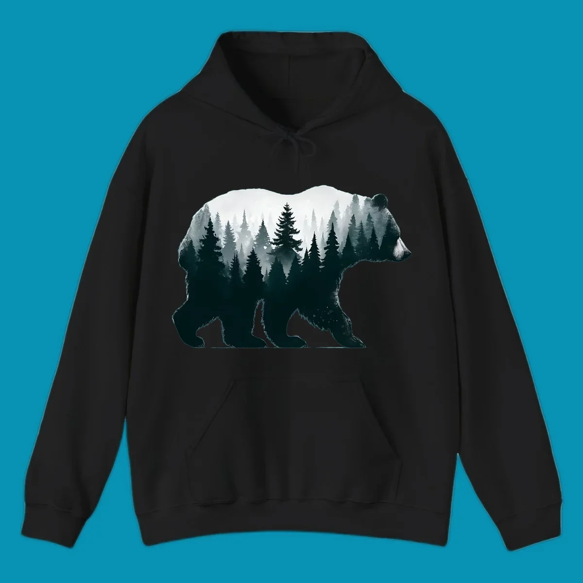 Bear silhouette filled with misty evergreen forest and mountains in double exposure style artwork