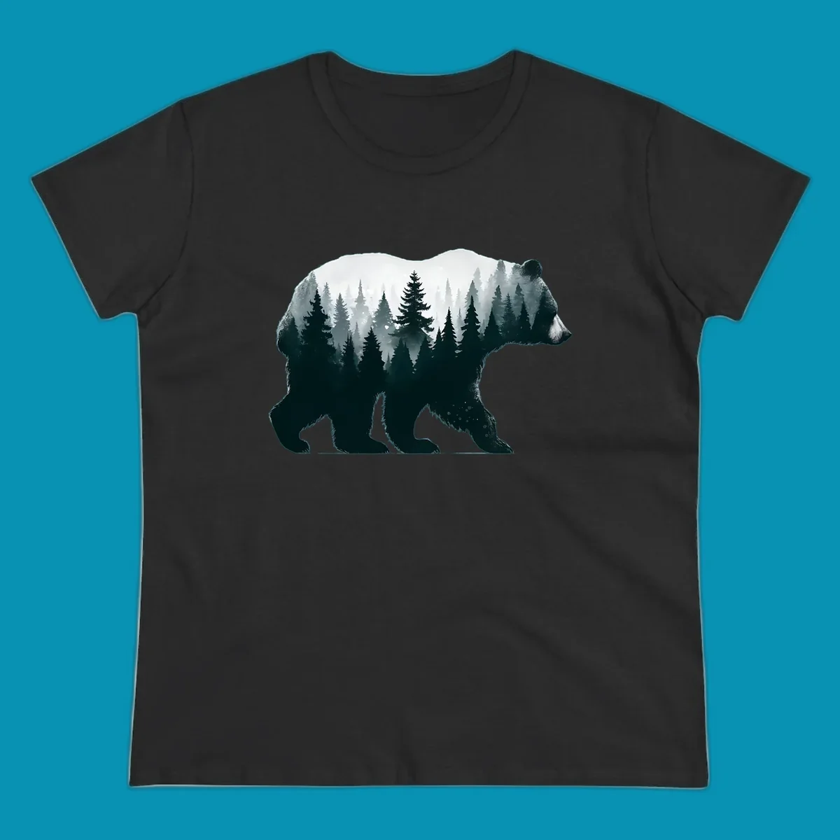 Bear silhouette filled with misty evergreen forest and mountains in double exposure style artwork