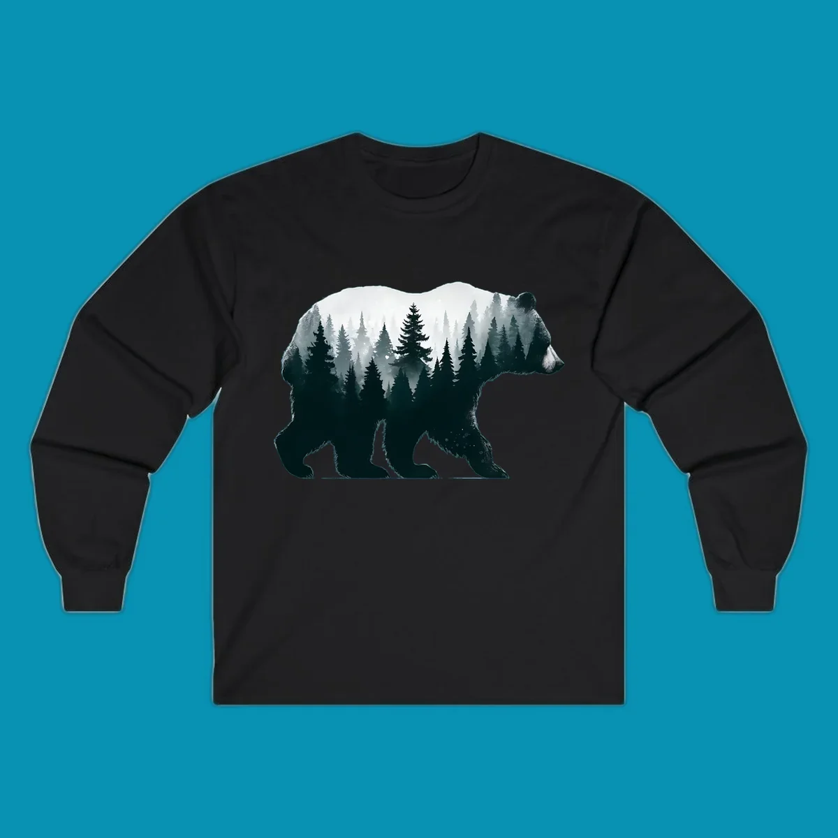 Bear silhouette filled with misty evergreen forest and mountains in double exposure style artwork