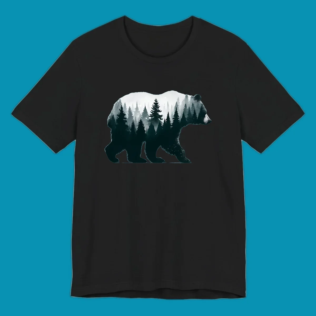 Bear silhouette filled with misty evergreen forest and mountains in double exposure style artwork