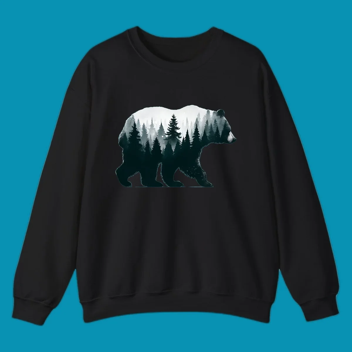 Bear silhouette filled with misty evergreen forest and mountains in double exposure style artwork