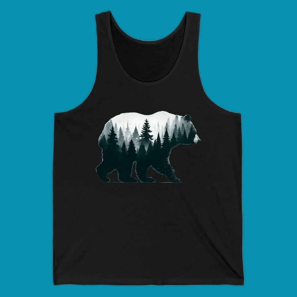 Bear silhouette filled with misty evergreen forest and mountains in double exposure style artwork