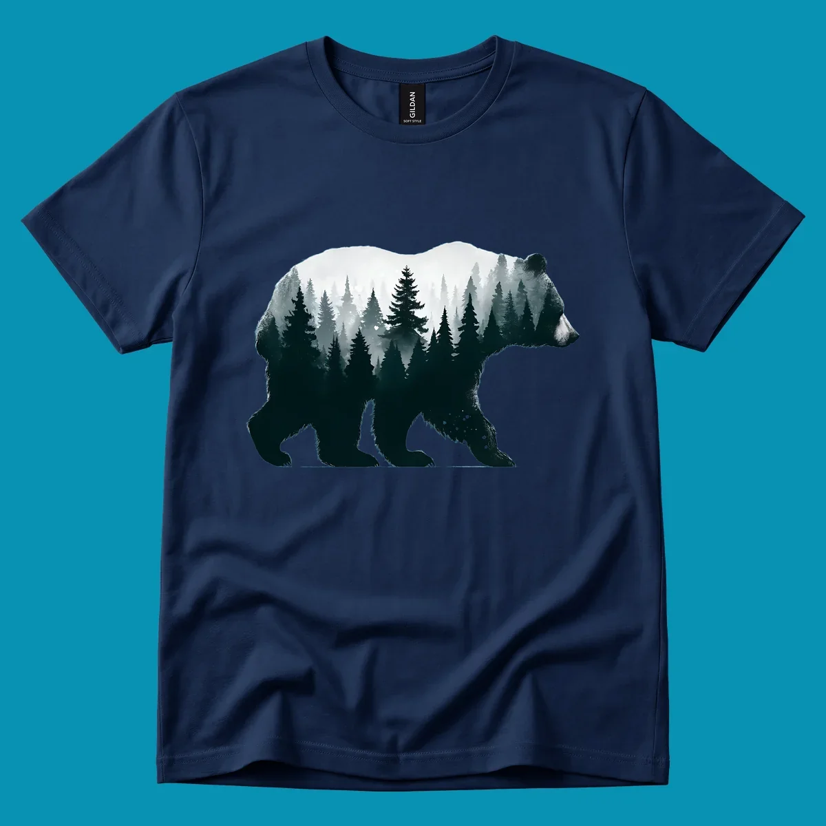 Bear silhouette filled with misty evergreen forest and mountains in double exposure style artwork