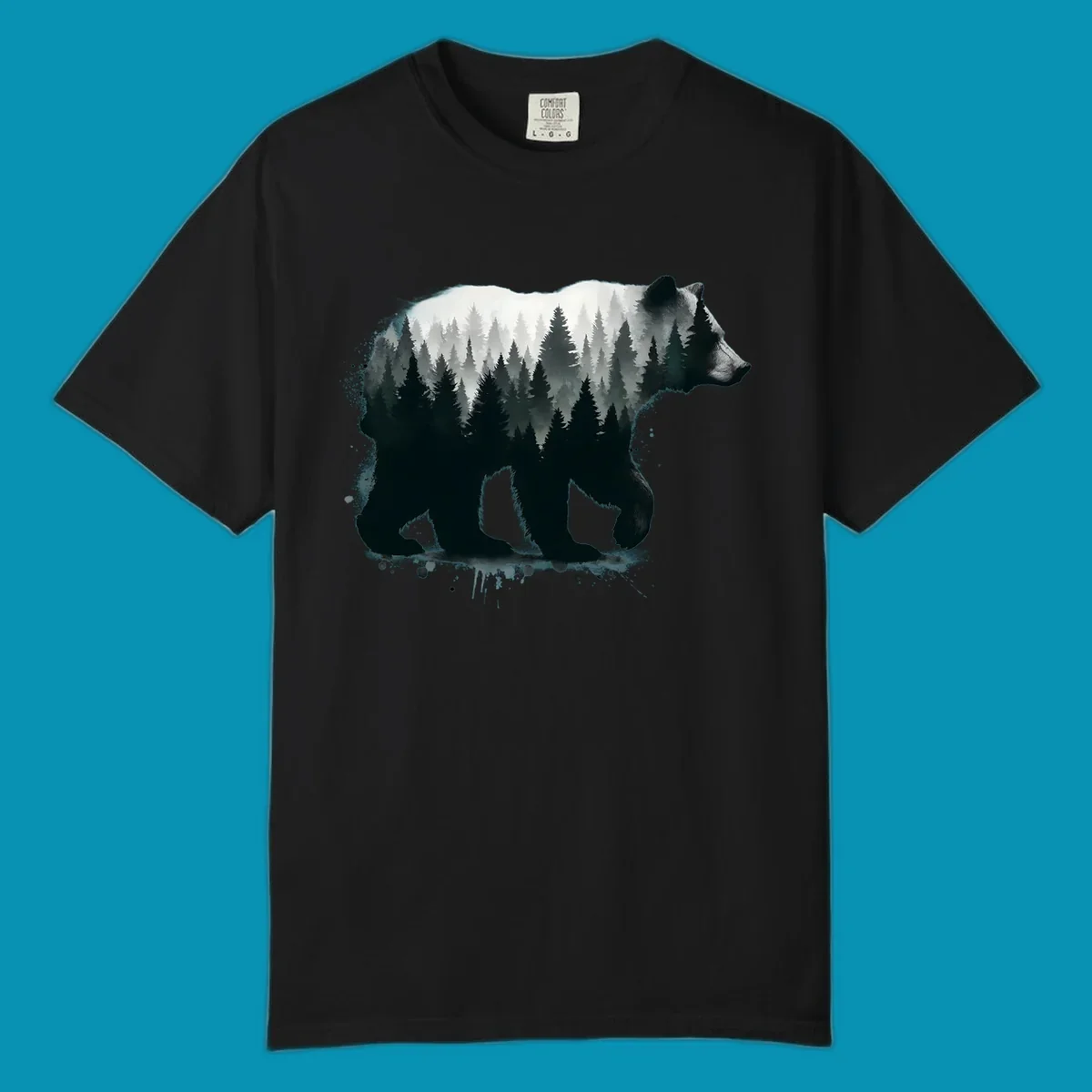 Bear forest double exposure design: black bear silhouette filled with misty coniferous forest and mountains, artistic ink splatter effect