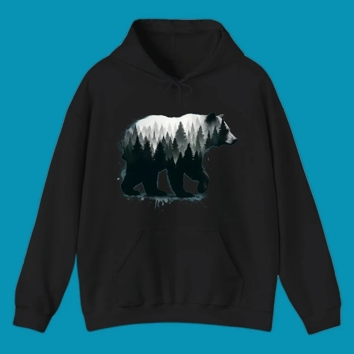 Bear forest double exposure design: black bear silhouette filled with misty coniferous forest and mountains, artistic ink splatter effect