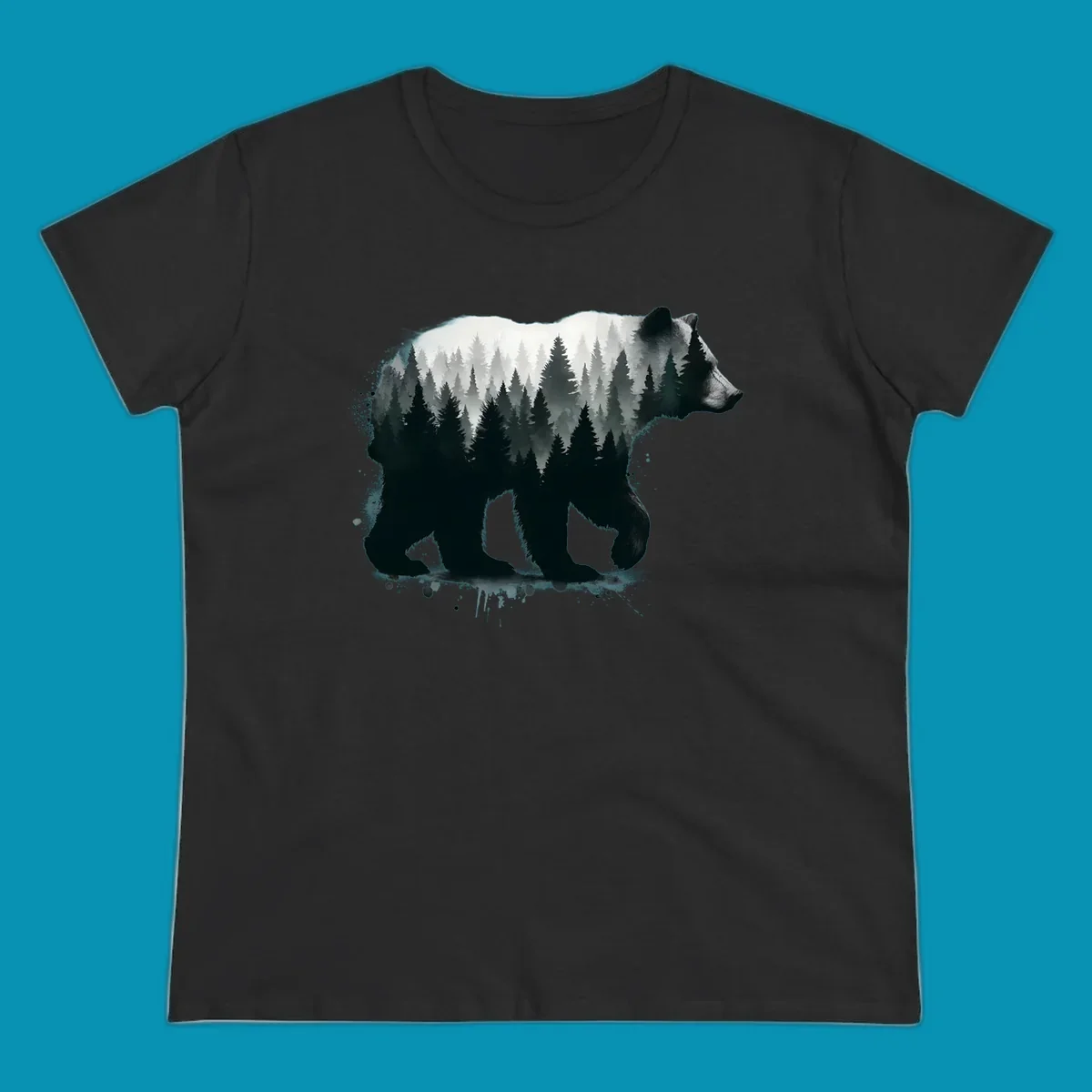 Bear forest double exposure design: black bear silhouette filled with misty coniferous forest and mountains, artistic ink splatter effect