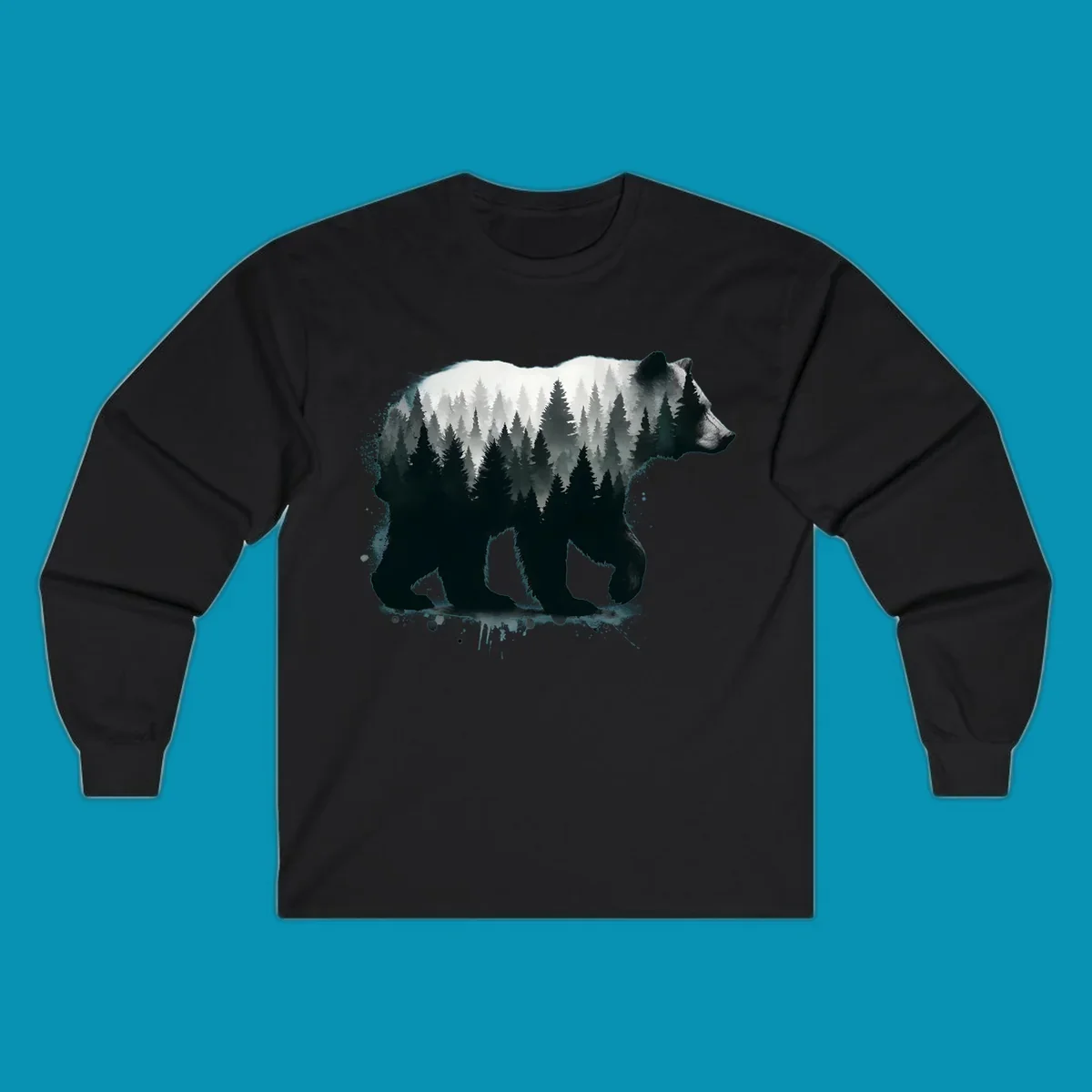 Bear forest double exposure design: black bear silhouette filled with misty coniferous forest and mountains, artistic ink splatter effect