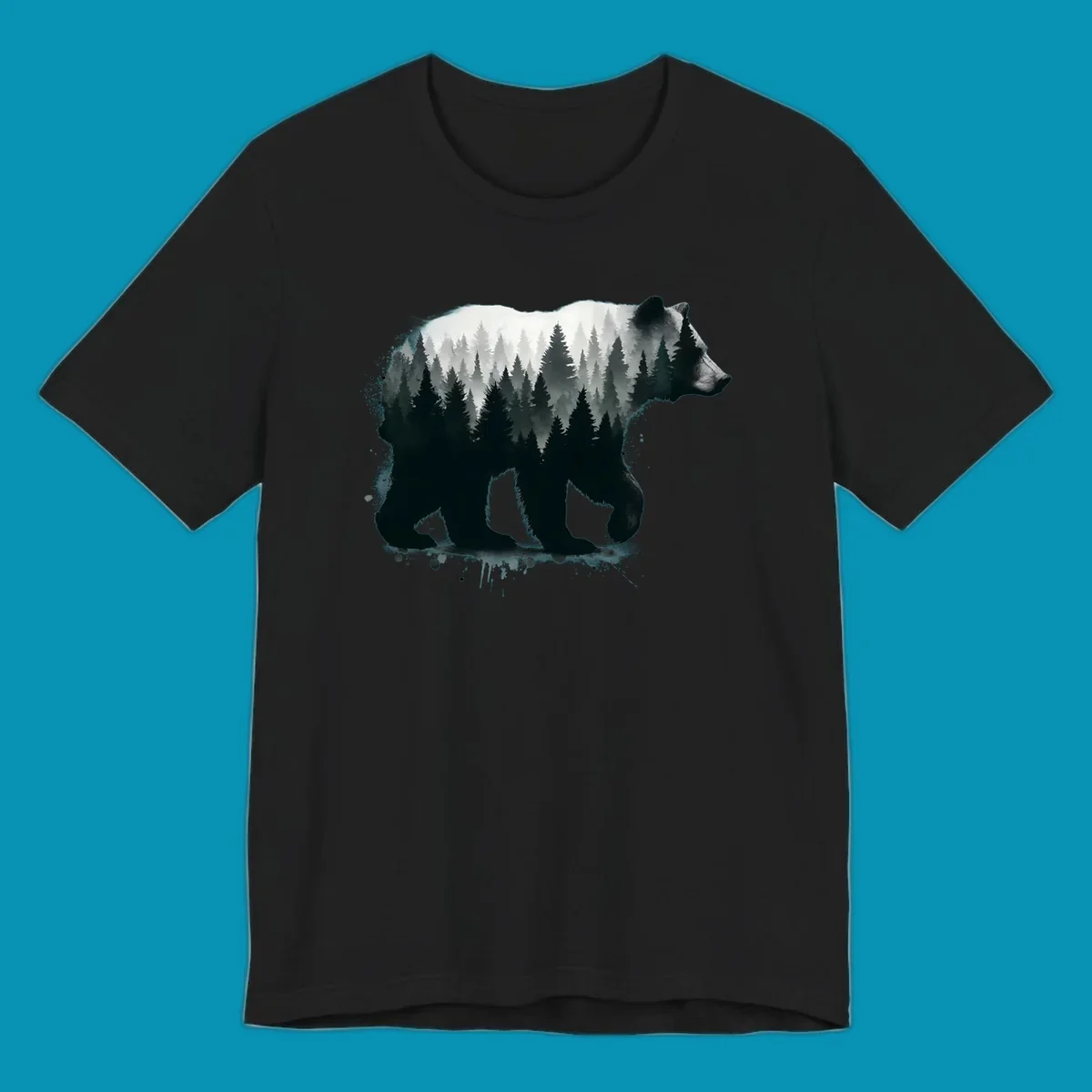 Bear forest double exposure design: black bear silhouette filled with misty coniferous forest and mountains, artistic ink splatter effect