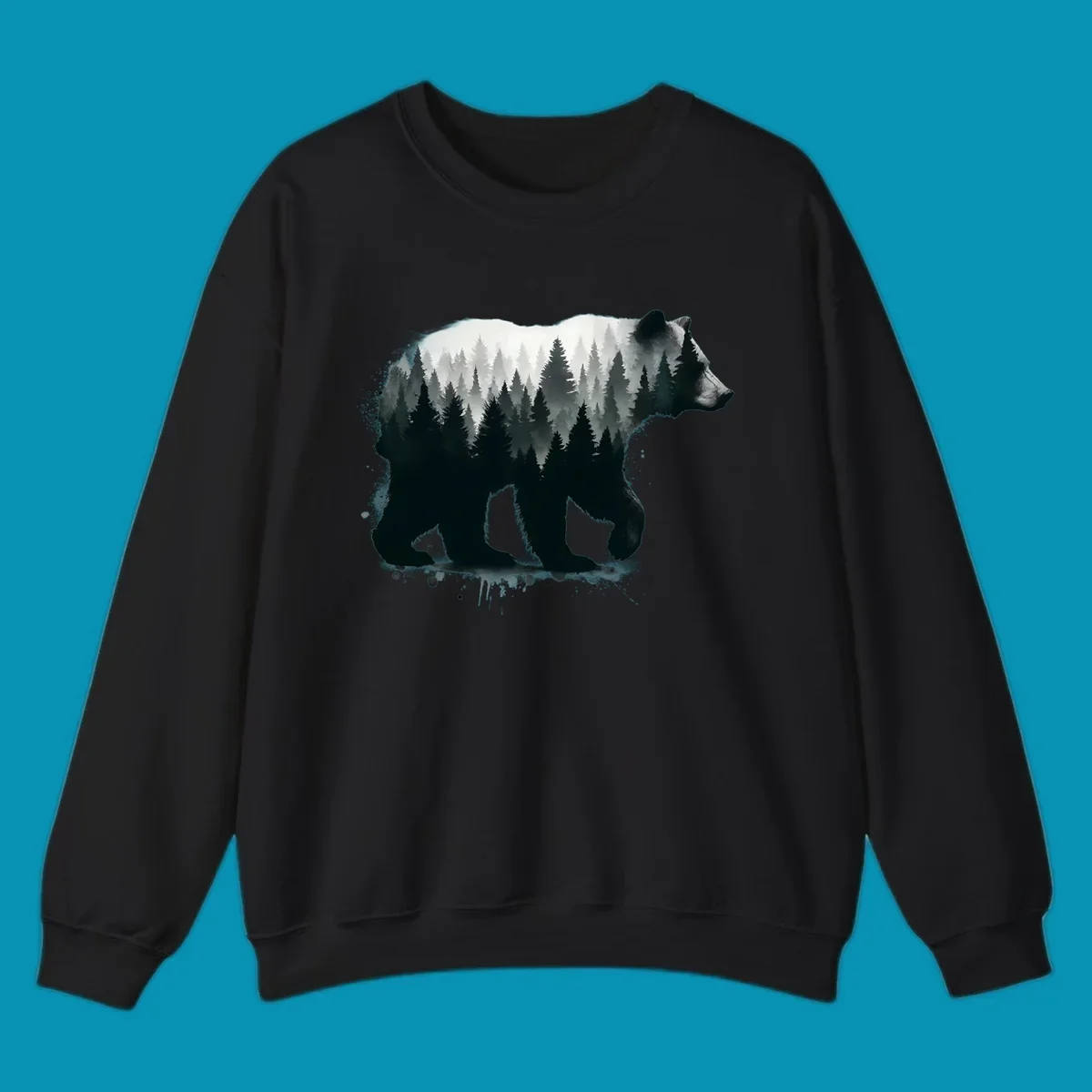 Bear forest double exposure design: black bear silhouette filled with misty coniferous forest and mountains, artistic ink splatter effect