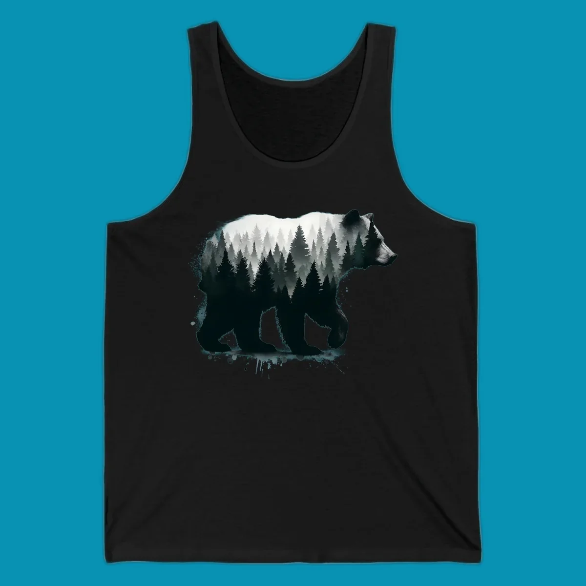 Bear forest double exposure design: black bear silhouette filled with misty coniferous forest and mountains, artistic ink splatter effect