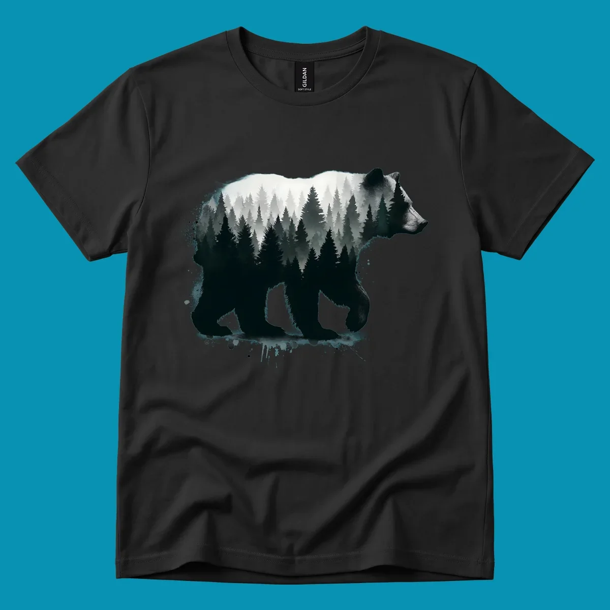 Bear forest double exposure design: black bear silhouette filled with misty coniferous forest and mountains, artistic ink splatter effect
