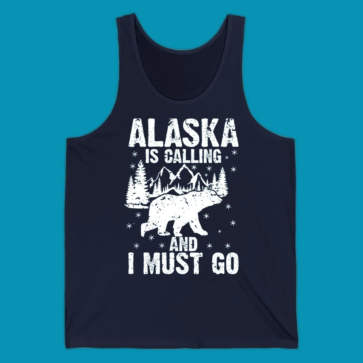 Distressed vintage design with polar bear in snowy mountains, text reads 'Alaska Is Calling And I Must Go'