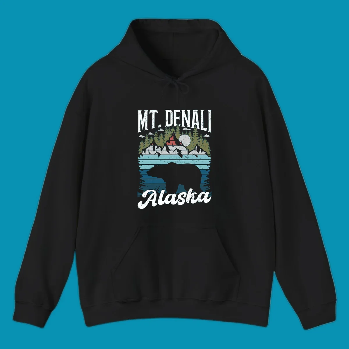 Bear cave winter wonderland illustration with bear head silhouette, snow cabin, evergreen forest, frozen lake, and moon for Alaska cruise shirt design.