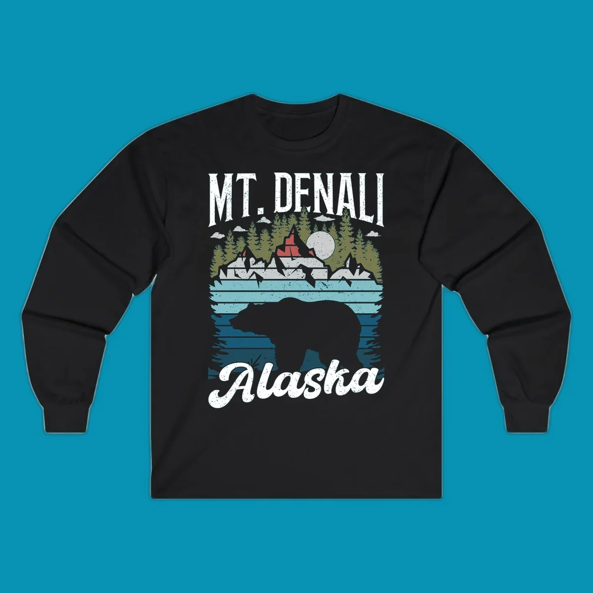 Bear cave winter wonderland illustration with bear head silhouette, snow cabin, evergreen forest, frozen lake, and moon for Alaska cruise shirt design.