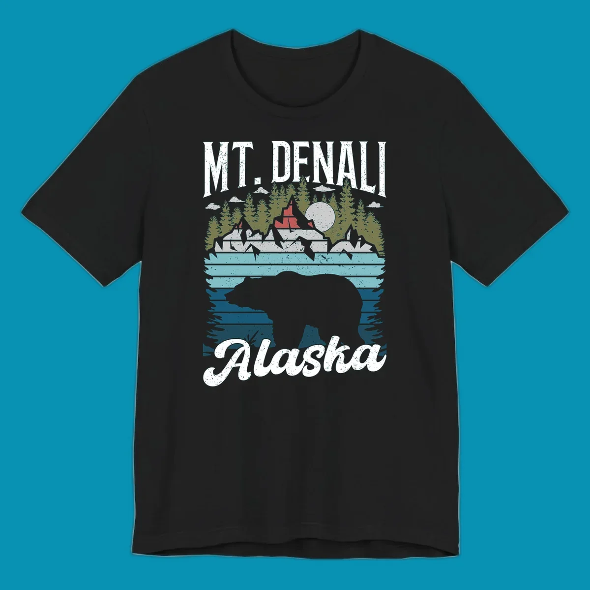 Bear cave winter wonderland illustration with bear head silhouette, snow cabin, evergreen forest, frozen lake, and moon for Alaska cruise shirt design.